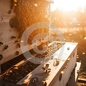 A beekeeper checking her hive. Wooden beehive with bees flying around in the setting sun.