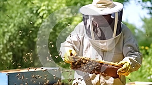 Beekeeper collecting honey. Honey production and bees keeping. Beekeeper holding frame of honeycomb with working bees.