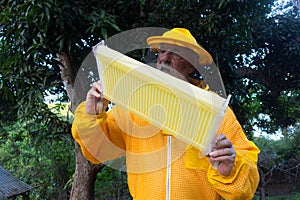 A beekeeper examining a frame from an automatic hive at an apiary in the Caribbean