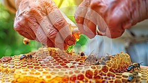 Beekeeper extracting honey from hive. Close-up of hands collecting honeycomb. Concept of raw beekeeping, honey harvest