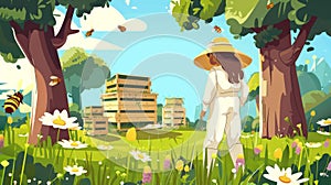 The beekeeper is in a forest farm near a tree in a 2D landscape background. The beehive and the apiarist are situated on