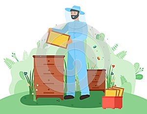 Beekeeper on the apiary. Beekeeping, honey. Bee Sting Protection uniform. Beehives with honeycombs
