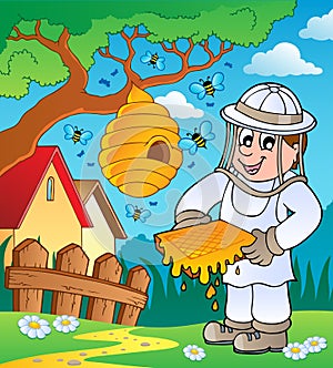 Beekeeper with hive and bees photo