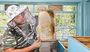 Beekeeper holding in hands Bee honeycombs of wax in a wooden frame.