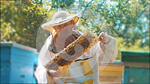 Beekeeper holding a honeycomb full of bees. Beekeeper inspecting honeycomb frame at apiary. Beekeeping lifestyle concept