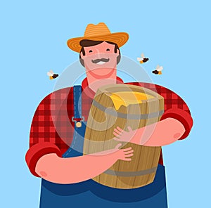 Beekeeper is holding a wooden keg with honey. Beekeeping, cartoon vector illustration