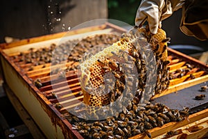 Beekeeper holds busy honeycomb frame, a testament to natures industrious collaboration