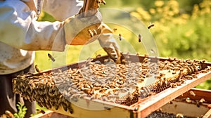 Beekeeper holds a honey cells with bees in his hands.