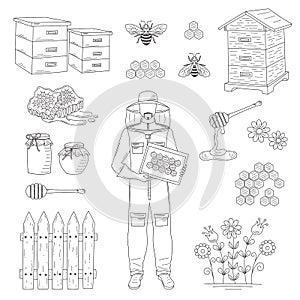 Beekeeper and honey set vector