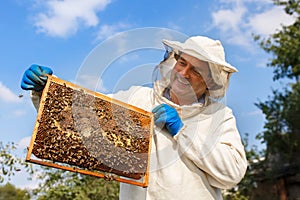 Beekeeper with honeycomb in the apiary