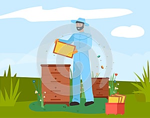 Beekeeper with honeycomb on apiary icon. Bearded apiarist in blue protective costume and hat