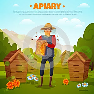 Beekeeper With Honeycombs Cartoon Illustration