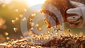 Beekeeper inspecting honeycomb filled with bees