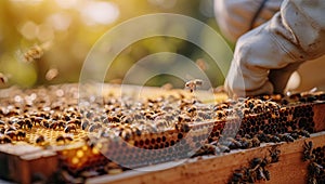 Beekeeper inspecting honeycomb filled with bees