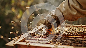 Beekeeper Inspecting Honeycomb Frame