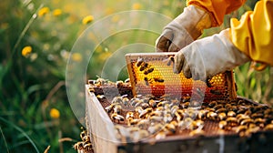 Beekeeper Inspecting Honeycomb Frame in the Field. Generative ai