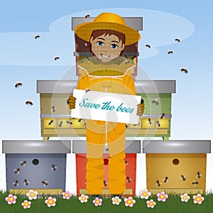 Beekeeper man with card save the bees