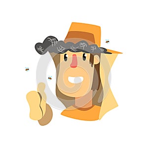 Beekeeper man in protective clothes, apiary and beekeeping vector Illustration on a white background