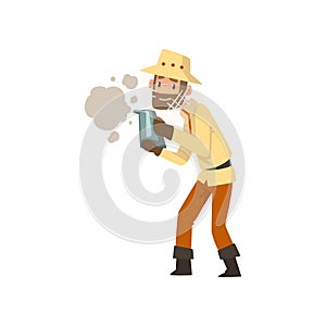 Beekeeper man with smoker, apiculture and beekeeping concept vector Illustration