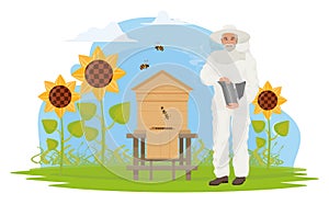 Beekeeper people people work on apiary, honey production, elderly apiarist beekeeping