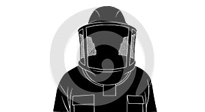 Beekeeper protective suit silhouette with mesh veil helmet and uniform pockets, vector icon featuring