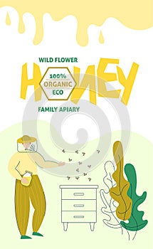 Beekeeper in a protective suit stand with a jar of honey. Honey organic business production process banner. Isolated flat trendy