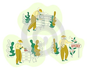 Beekeeper in a protective suit working on apiary. Honey organic business production process set. Isolated flat trendy cartoon