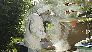 Beekeeper in protective uniform fumigate hive with bee smoker in slow motion