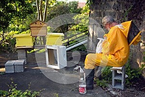 a beekeeper resting after transferring bees from the white brood box to his newly-built double hive