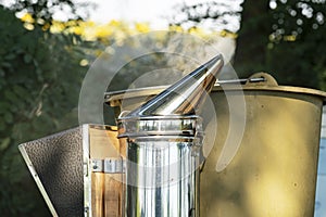 Beekeeper Smoker smokes white smoke. Apiary background. Beekeeping tool close up. Smoker stands on the ground on the green grass.