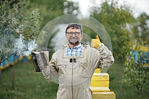 Beekeeper smoking honey bees with bee smoker on the apiary