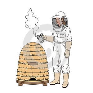 Beekeeper Using Smoker on Beehive Illustration