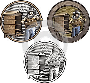 Beekeeper Vector Illustration Set in Woodcut Style