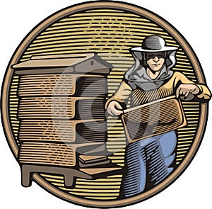 Beekeeper Vector Illustration in Woodcut Style