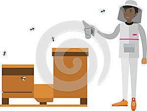 Beekeeper working in apiary vector icon isolated on white