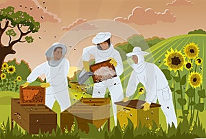 Beekeepers with beehives