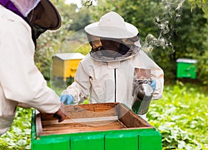 Beekeepers examining beehives on grassy field. Apiculture. Collecting honey at end of summer