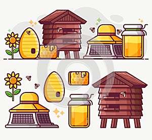 Beekeeping and Apiary Line Art Icon Set