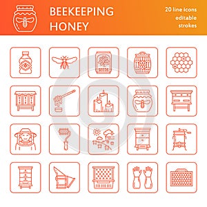 Beekeeping, apiculture line icons. Beekeeper equipment,