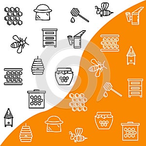 Beekeeping flat line icons set. Apiculture - Honey processing, beekeeper equipment tools, organic products, apiary, Bee