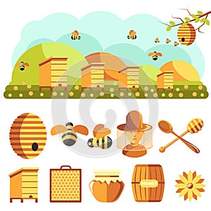 Beekeeping icons set: honey, bee