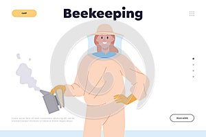 Beekeeping landing page design template with woman hiver in protective uniform with smoker