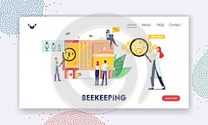 Beekeeping Landing Page Template. Tiny Male and Female Scientists Characters Learning Bees at Huge Beehive with Queen