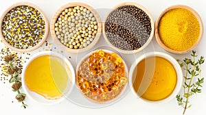 Beekeeping product selection on white background. Bowls of honey, bee pollen, propolis, and honeycomb. Concept of