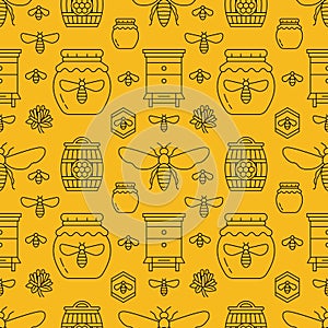 Beekeeping seamless pattern yellow color, apiculture vector illustration. Apiary thin line icons bee, beehive, honeycomb photo