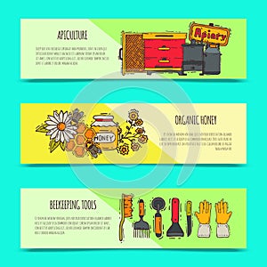 Beekeeping set of banners, apiary vector illustration. Beekeeping tools and equipment. Honeycomb, honey from beehive