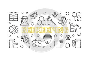 Beekeeping vector horizontal illustration in thin line style