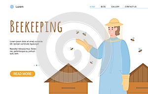 Beekeeping website banner with beekeeper or hiver flat vector illustration.