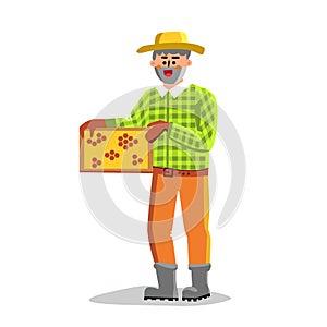 Beekeeping Worker Man Holding Honeycomb isolated illustration