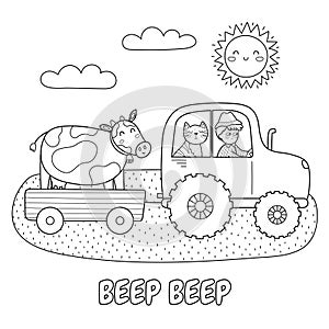 Beep beep black and white print with cute boy and cat on a tractor carrying a cow